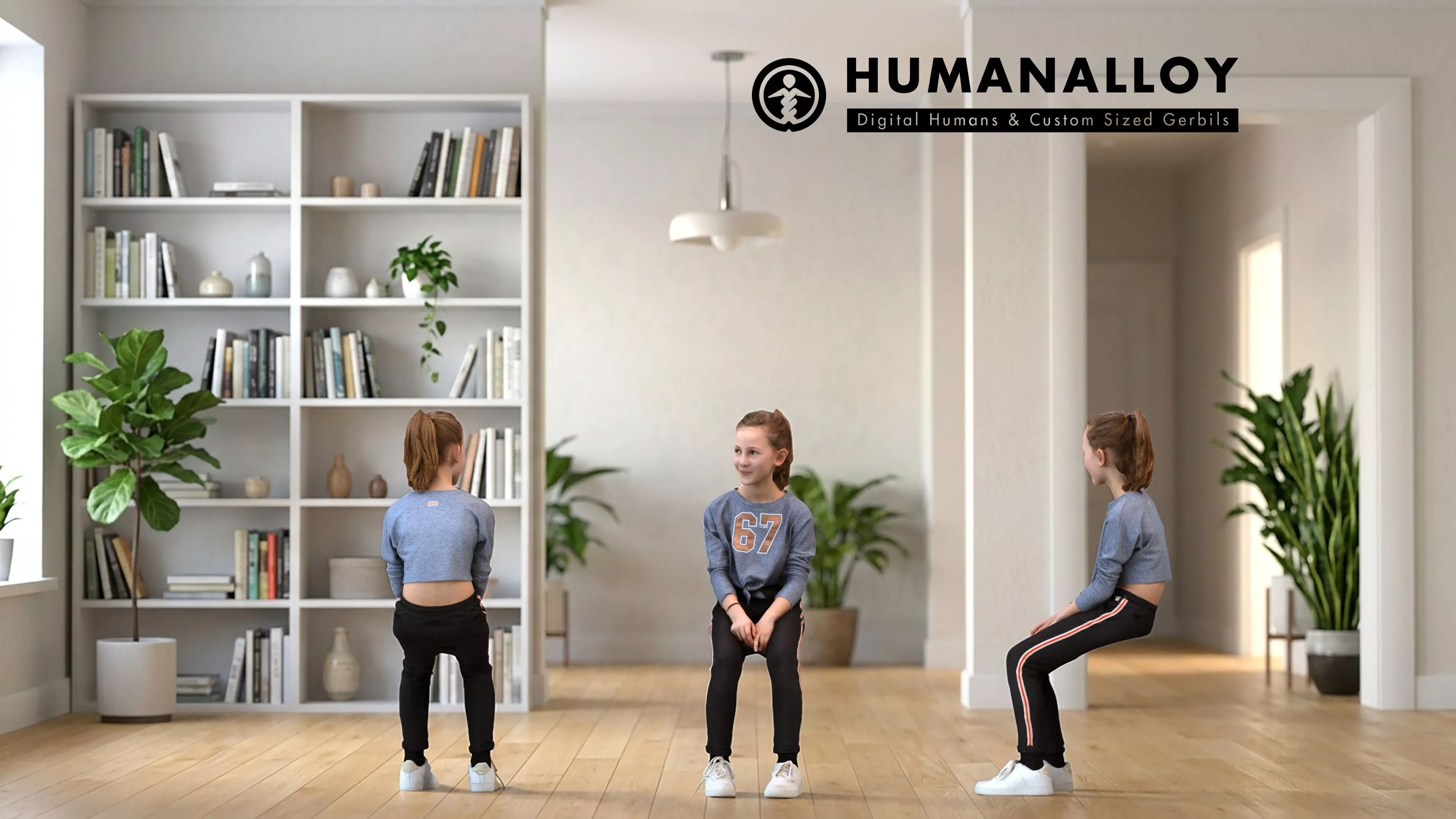 Young Caucasian woman sitting relaxed at home in transitional 3D model