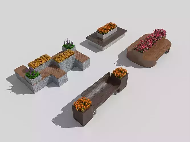 Modern Public Park Bench Integrated Planter Furniture Pack 3D model