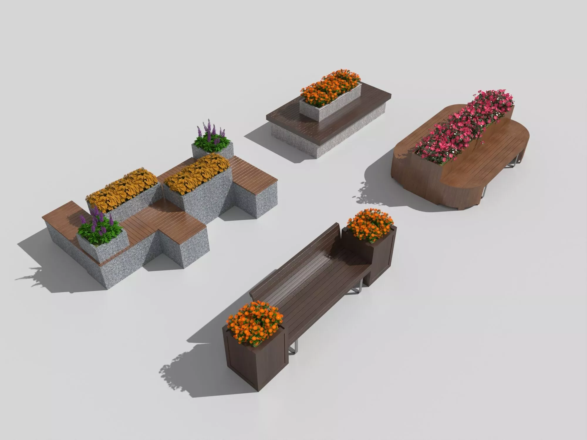 Modern Public Park Bench Integrated Planter Furniture Pack 3D model