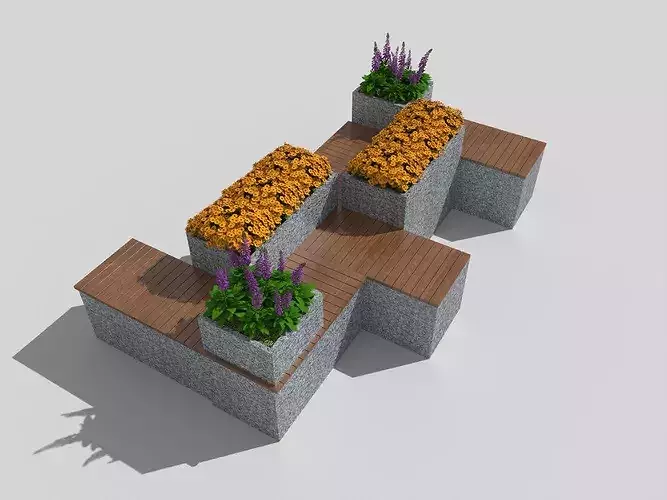Modern Public Park Bench Integrated Planter Furniture Pack 3D model 2