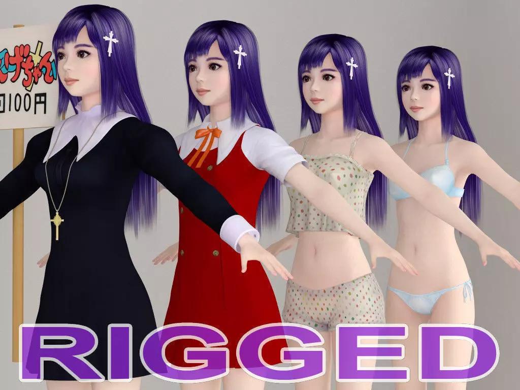 T pose rigged model of Zange with various outfit 3D model_0