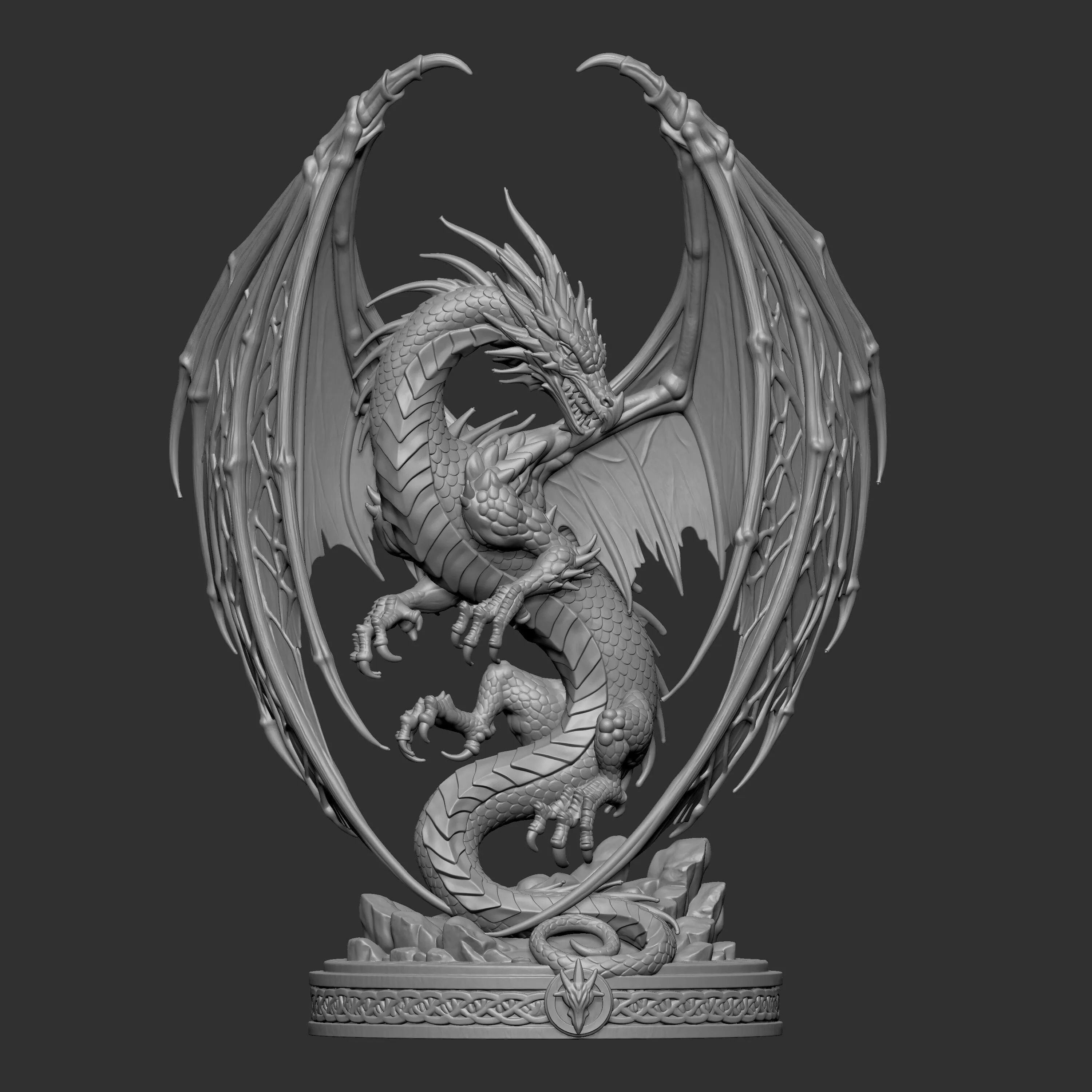 3D digital sculpture render of a coiled fantasy dragon 3D print model