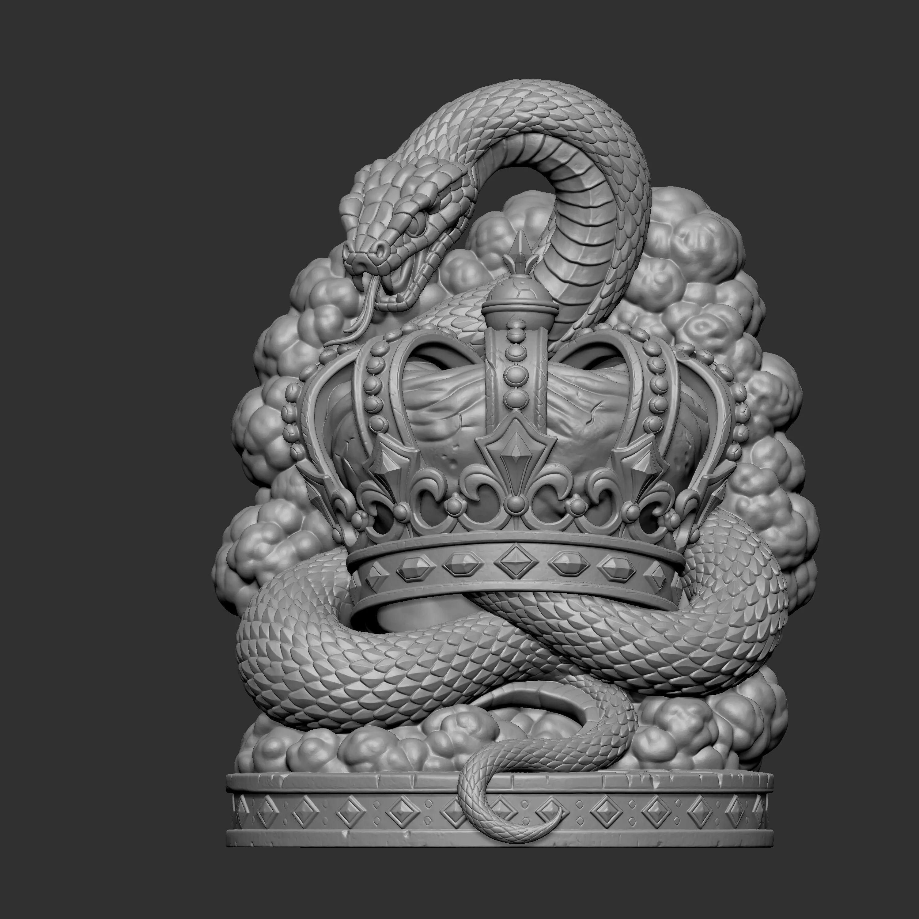3D digital sculpture render of a coiled serpent and crown 3D print model
