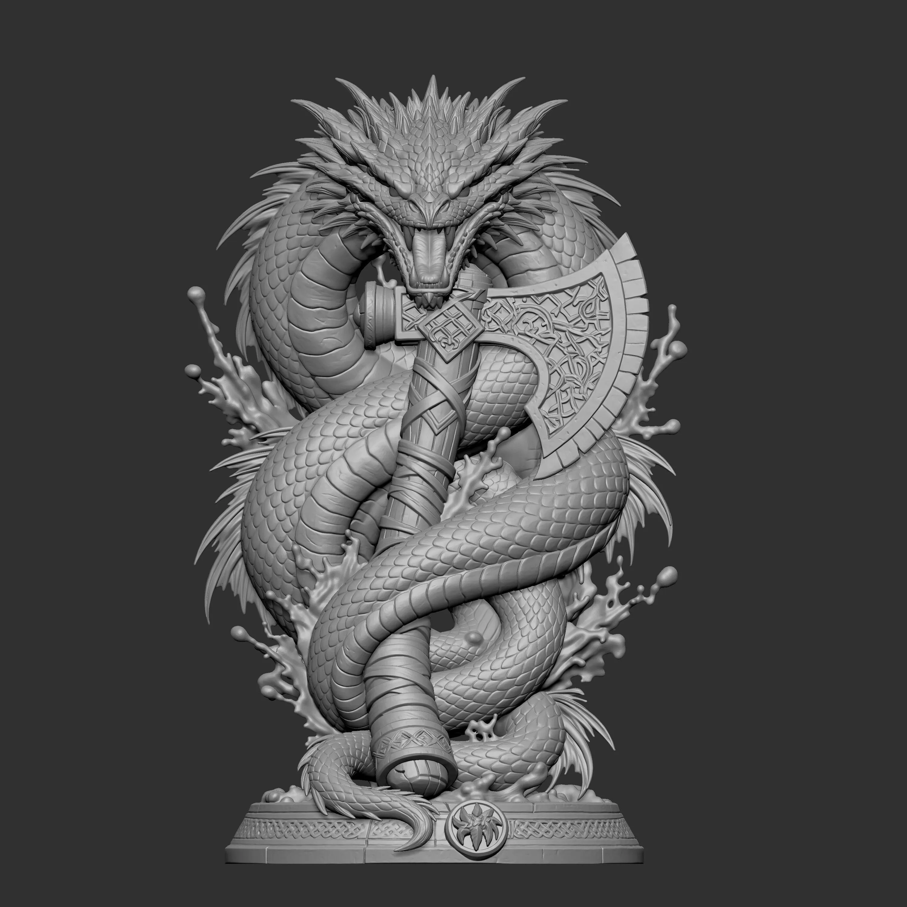 Leviathan serpent coiled around a Viking bearded 3D print model