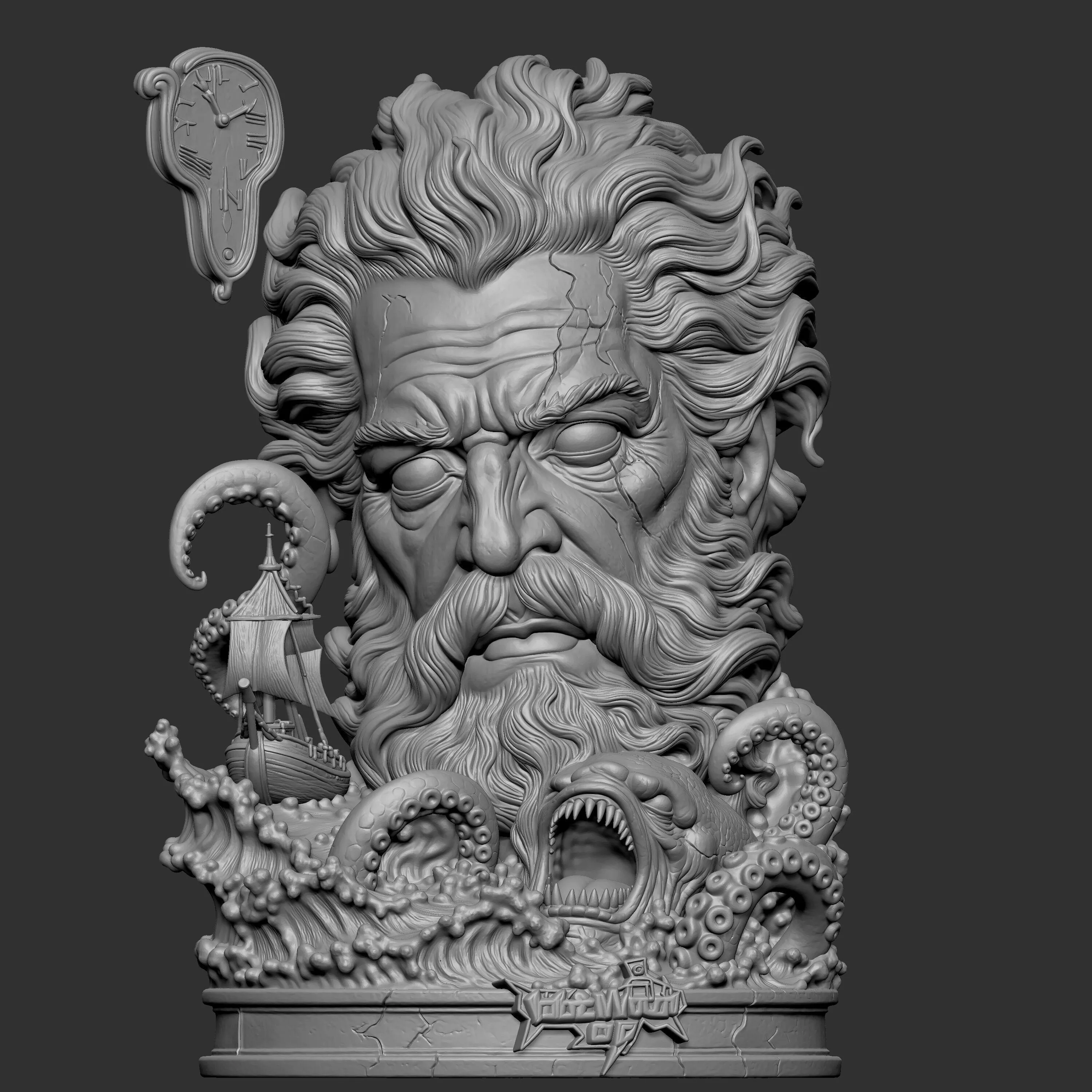 3D digital sculpture bust of a Lovecraftian Sea God or Poseidon 3D print model