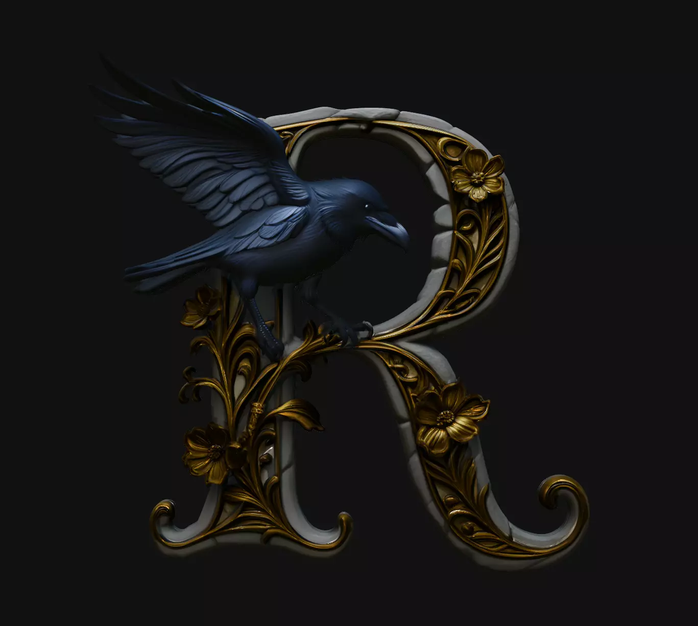 R Letter Raven Dark Gothic Initial Pendant Jewelry Model 3D print model