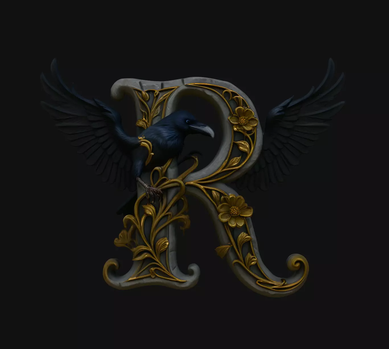 R Letter Dark Gothic Initial Pendant Jewelry Model 3D print model