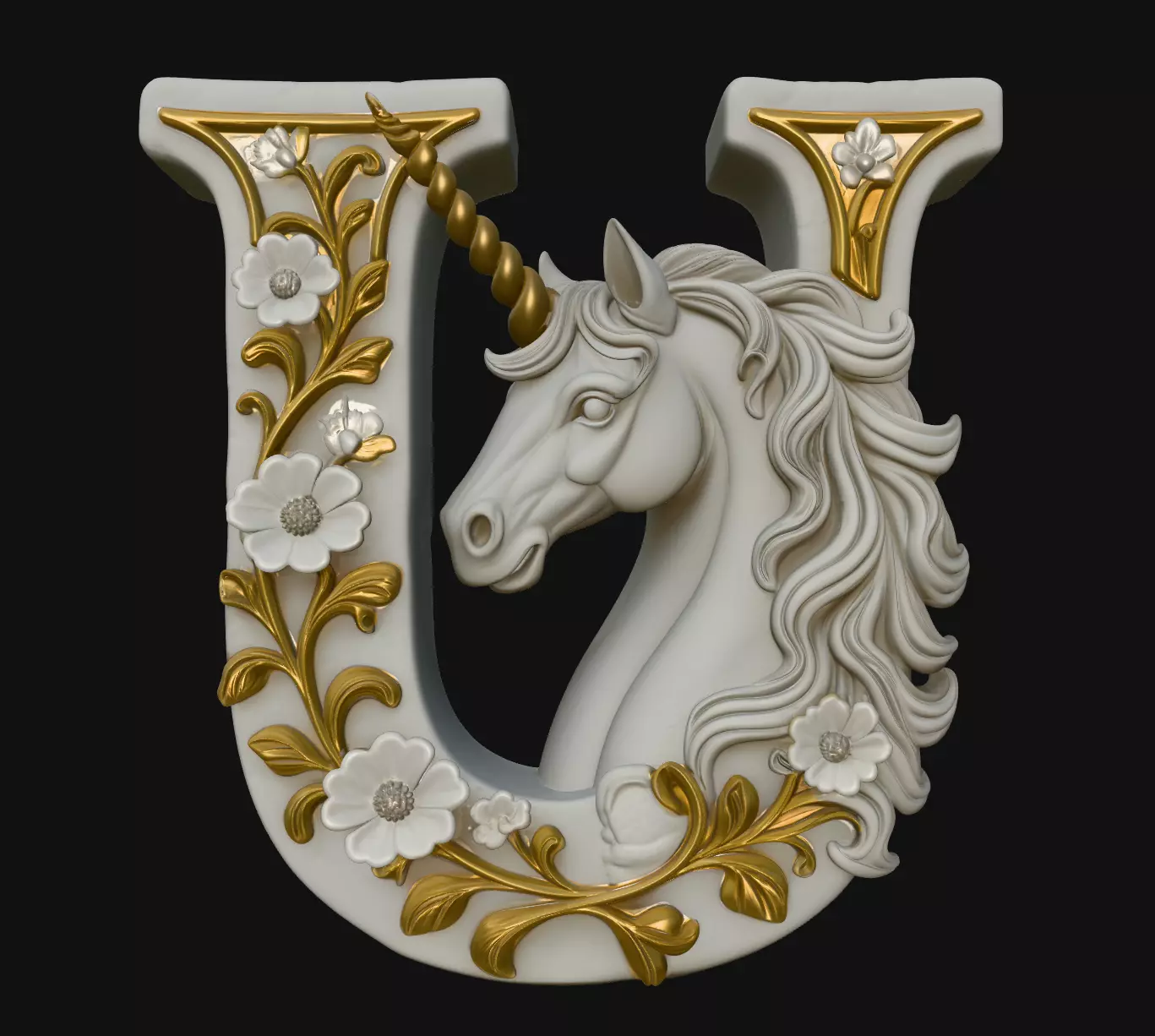 U Letter Unicorn Floral Initial Pendant Jewelry Model 3D print model