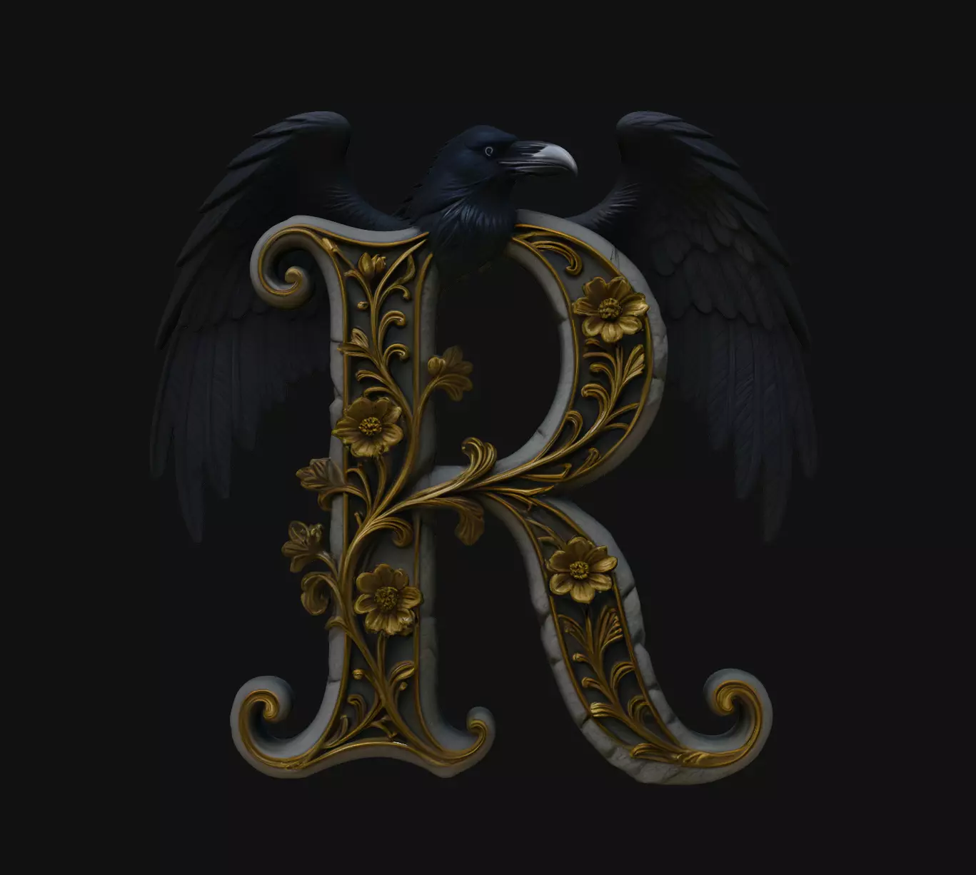 R Letter Dark Gothic Ornate Initial Pendant Jewelry Model 3D print model