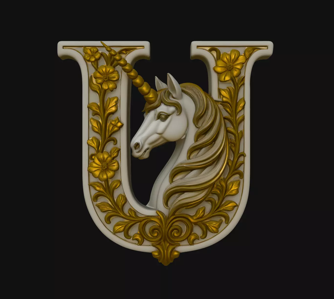 U Letter Unicorn Floral Initial Pendant Jewelry Model 3D print model