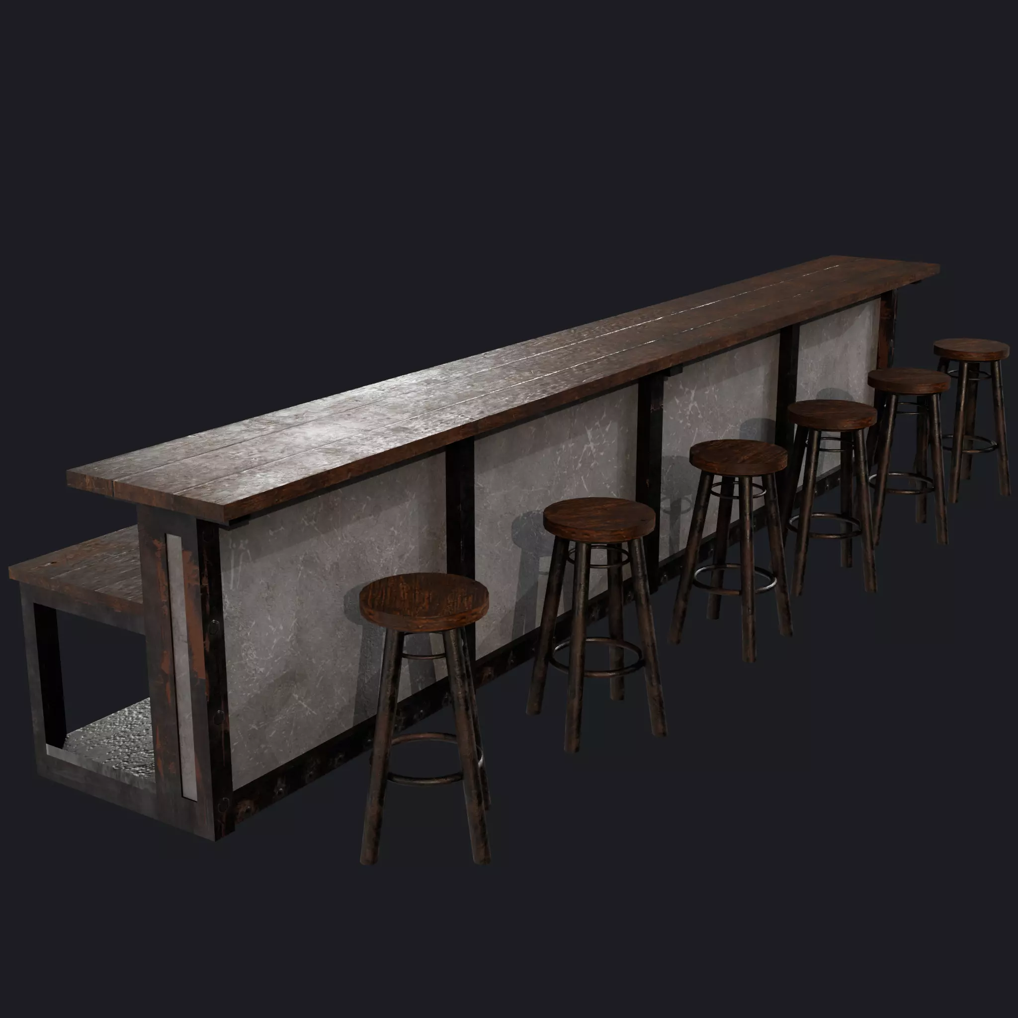 Rustic Wooden Bar Counter with Stools - Game Ready PBR 3D Model Low-poly 3D model