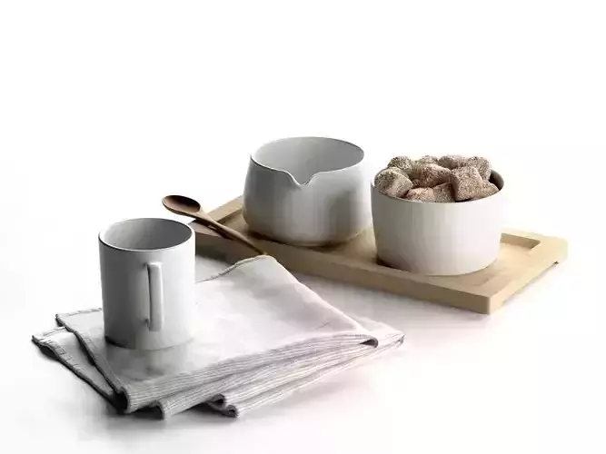 Sugar and Creamer Set on Tray with Cup Towel 3D model