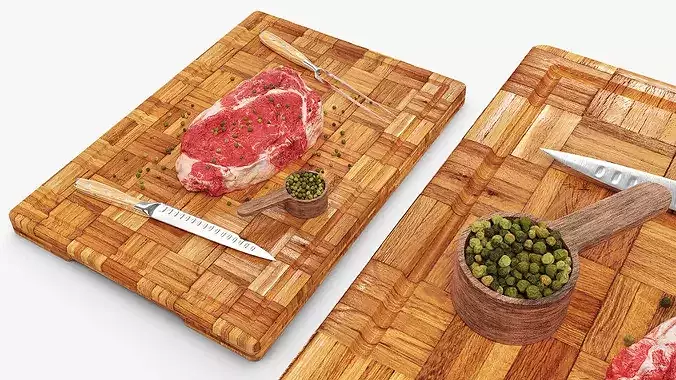 Ribeye Steak with Green Peppercorns on Cutting Board 3D model 3