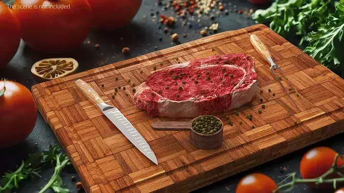Ribeye Steak with Green Peppercorns on Cutting Board 3D model 2