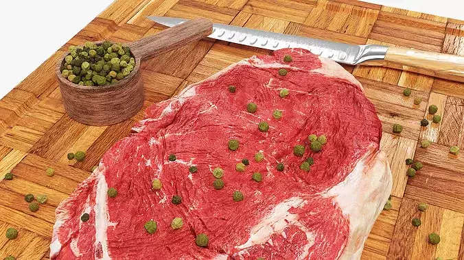 Ribeye Steak with Green Peppercorns on Cutting Board 3D model 6