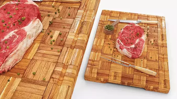 Ribeye Steak with Green Peppercorns on Cutting Board 3D model