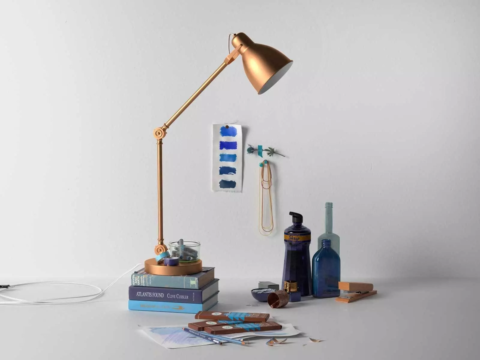 Table Lamp Books Stack Eryngium Flower and Stationery 3D model_0