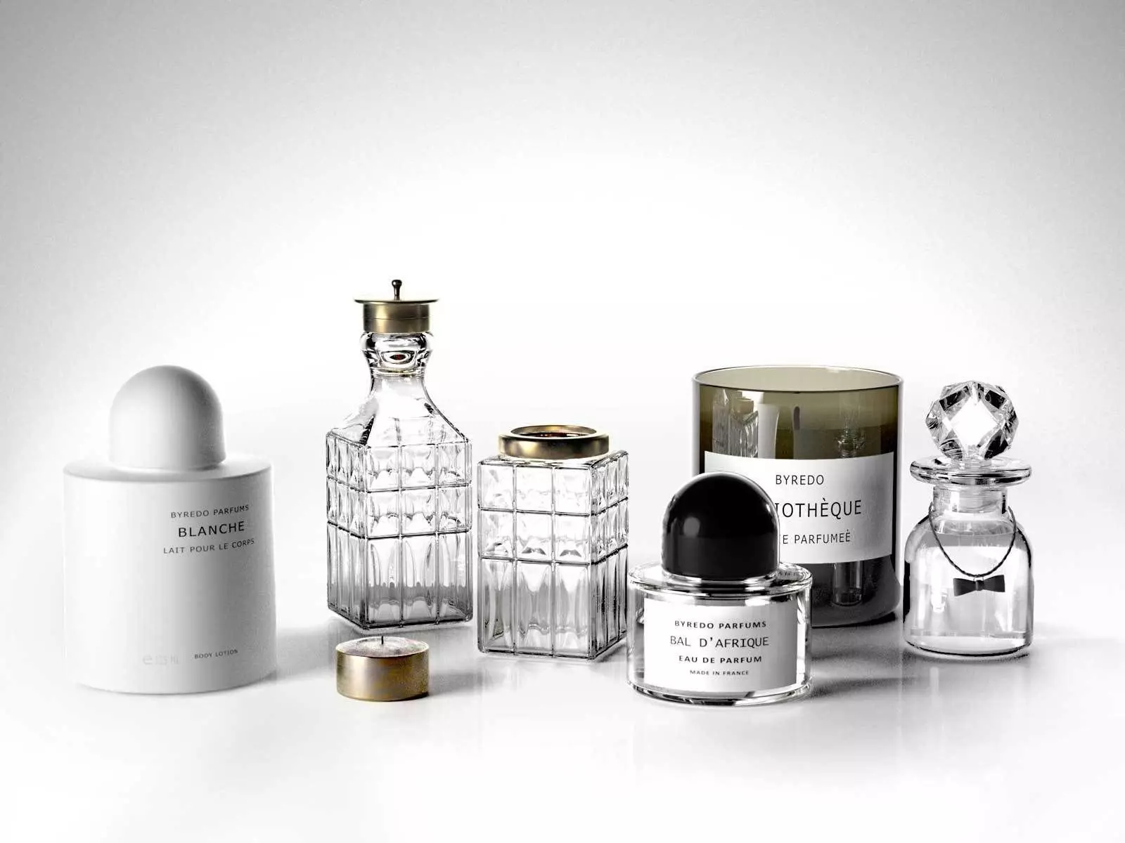 Crystal Bottles with Byredo Candles and Perfumes 3D model_0