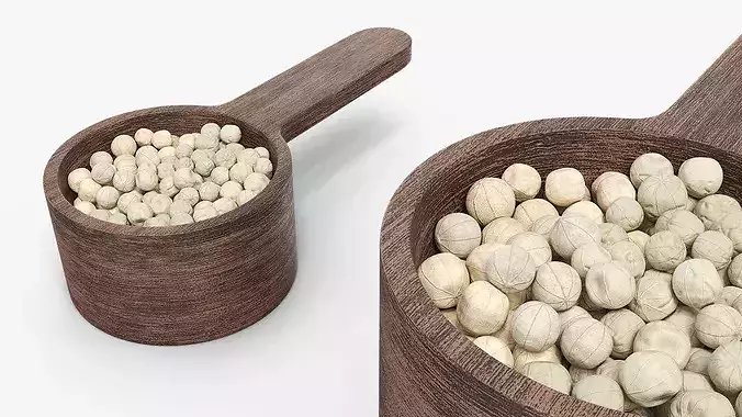 Wooden Scoop with Dried White Peppercorns 3D model