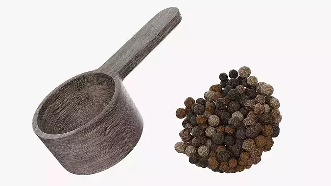 Wooden Spice Scoop with Dried Black Peppercorns 3D model 5