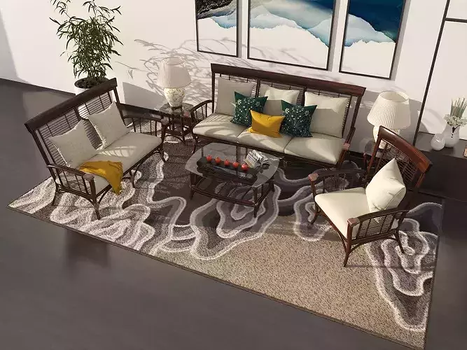 Modern Chinese Zen Style Solid Wood Sofa Coffee Table Set 3D 3D model 3