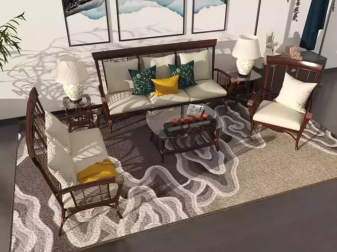 Modern Chinese Zen Style Solid Wood Sofa Coffee Table Set 3D 3D model 4