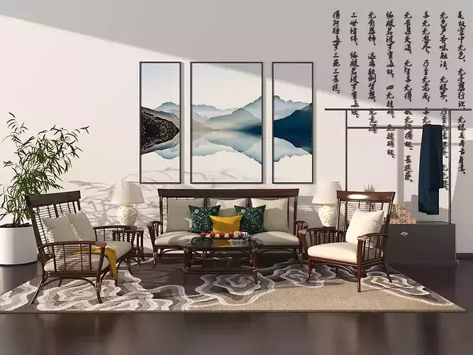 Modern Chinese Zen Style Solid Wood Sofa Coffee Table Set 3D 3D model