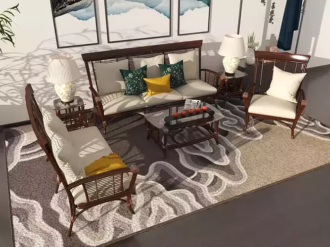 Modern Chinese Zen Style Solid Wood Sofa Coffee Table Set 3D 3D model 2
