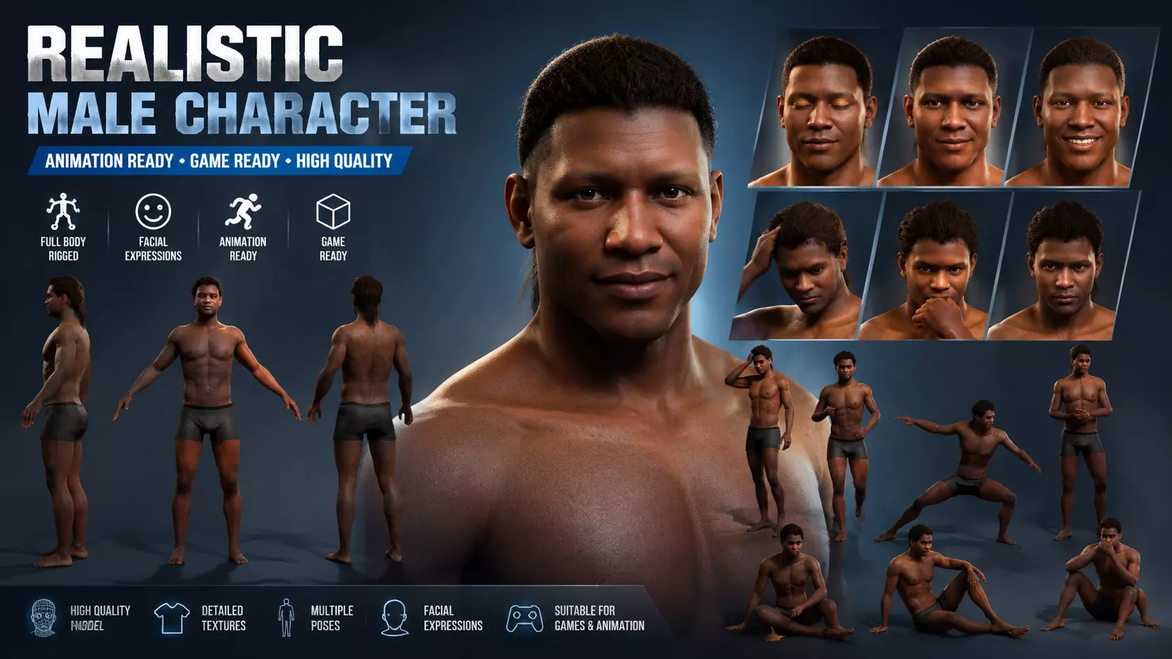 Realistic Athletic Male CharacterFull Body Rigged Expressions 3D model