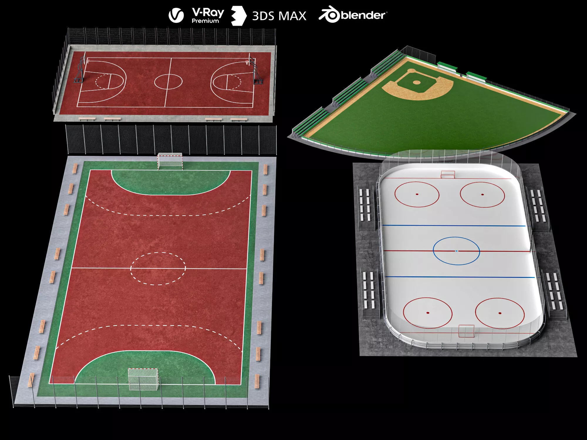 Multi-Sport Fields Collection 3D Model Low-poly 3D model