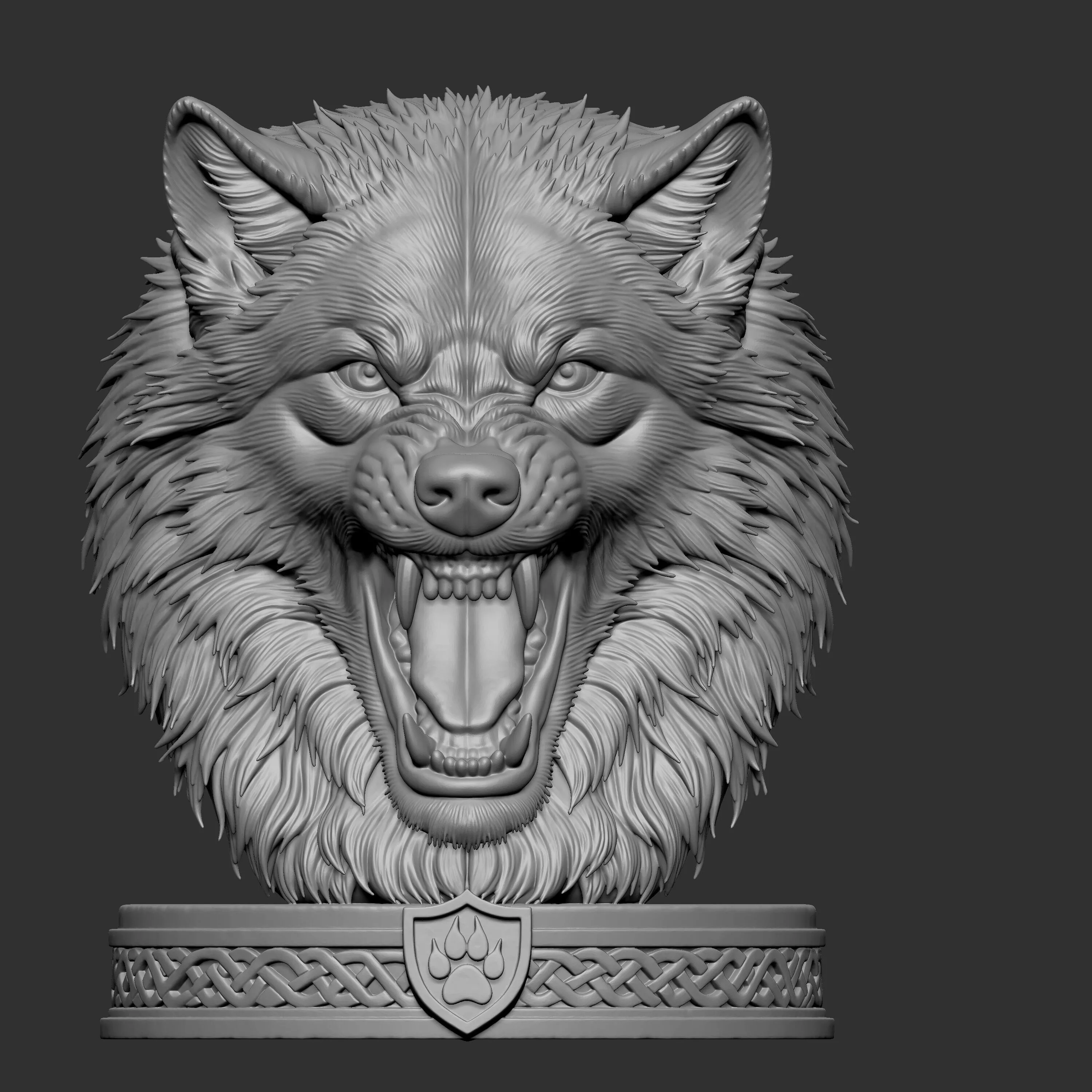 3D digital sculpture of a roaring alpha wolf bust 3D print model