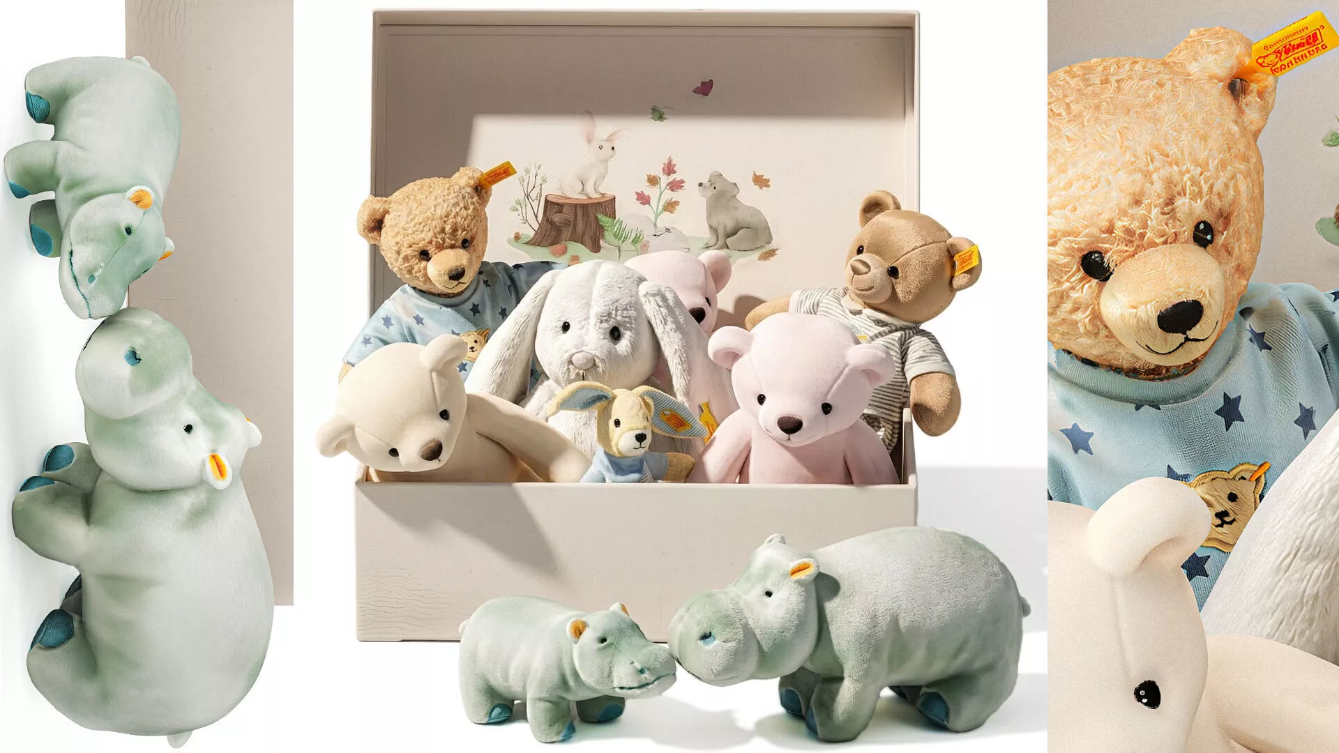 Soft plush children toys set pajamas teddy bear hippo box 3D model