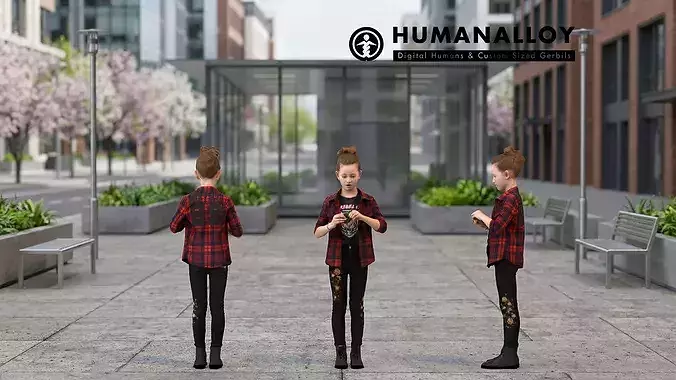 Young Caucasian girl standing in public space wearing 3D model
