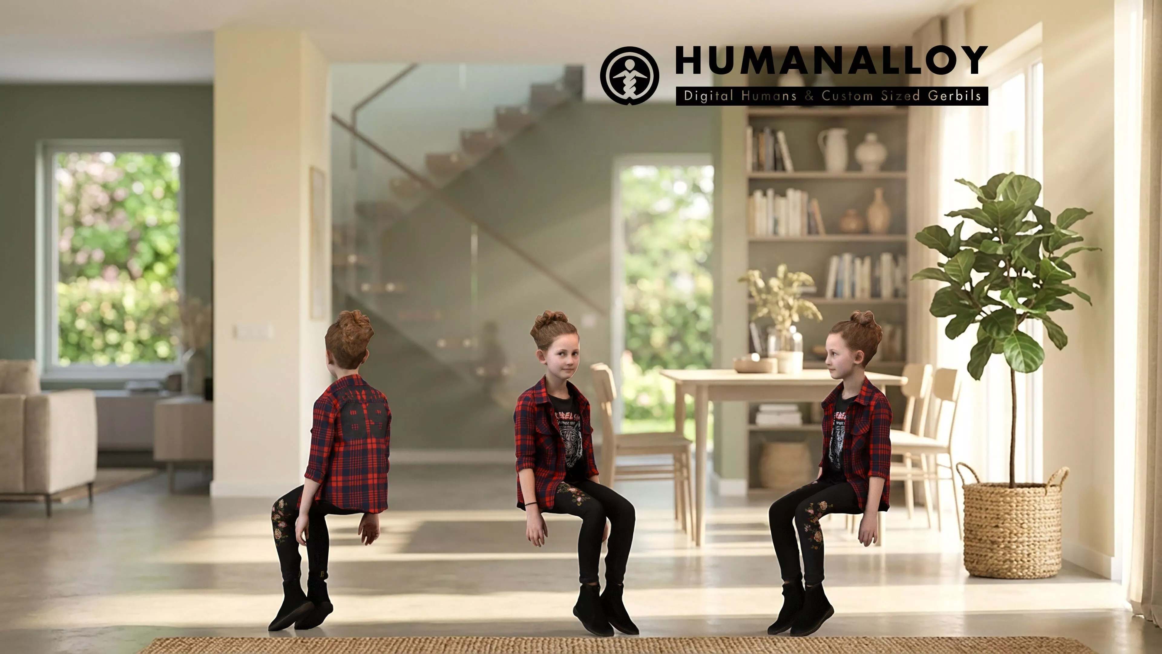 Caucasian child girl sitting relaxed at home in transitional 3D model