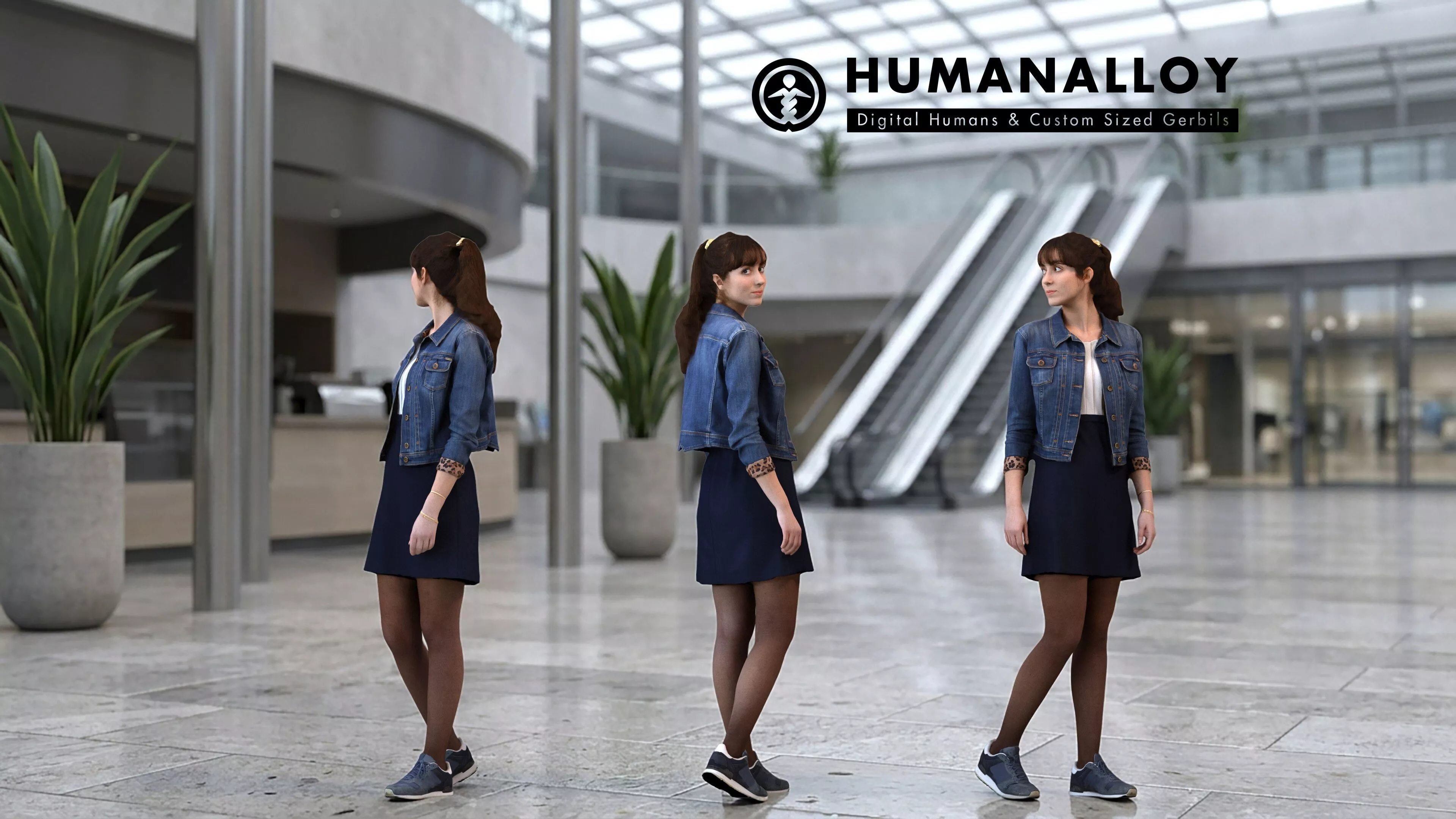 Adult Caucasian woman walking through public space in 3D model