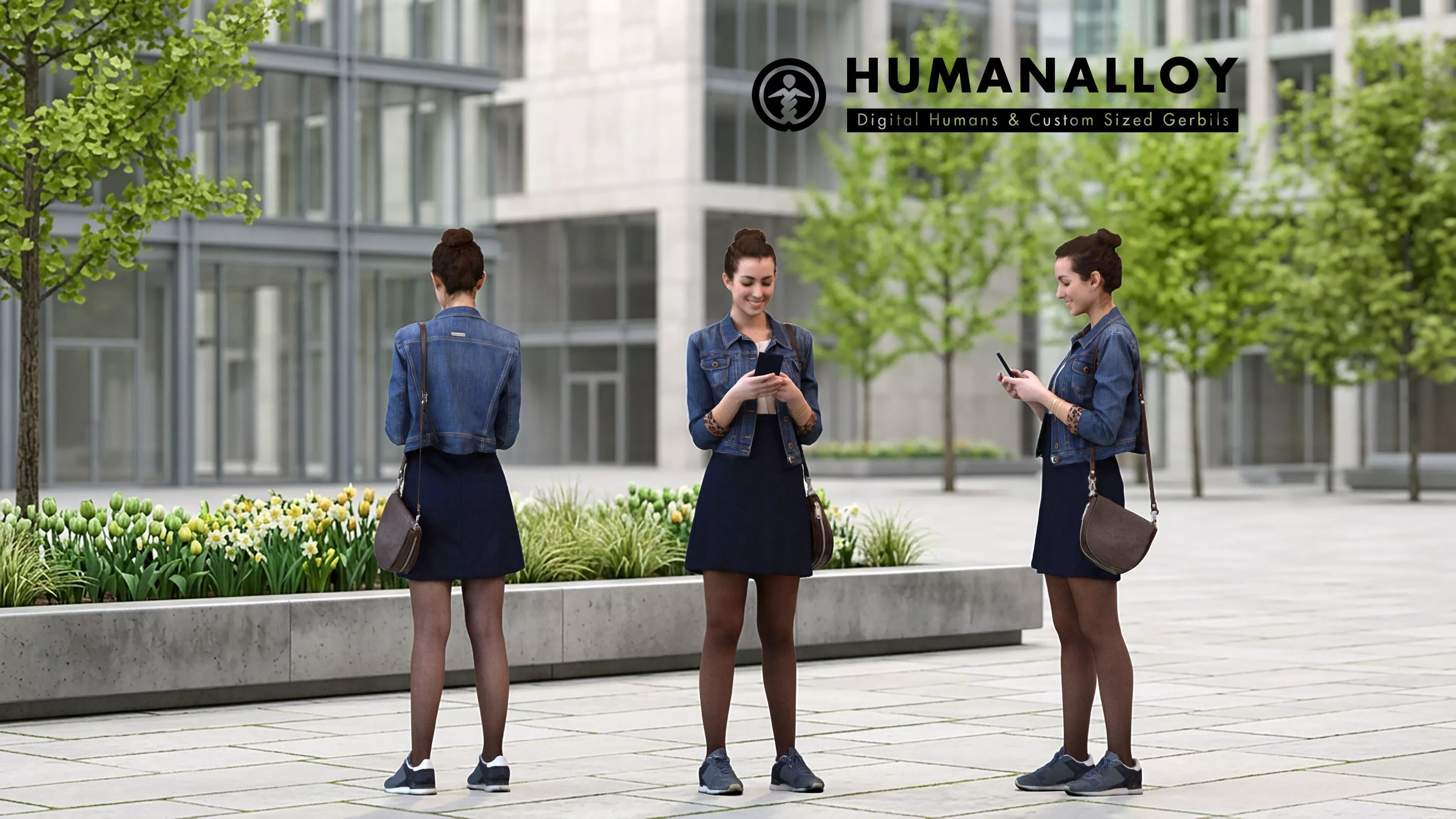Adult Caucasian woman standing in public space with smartphone 3D model