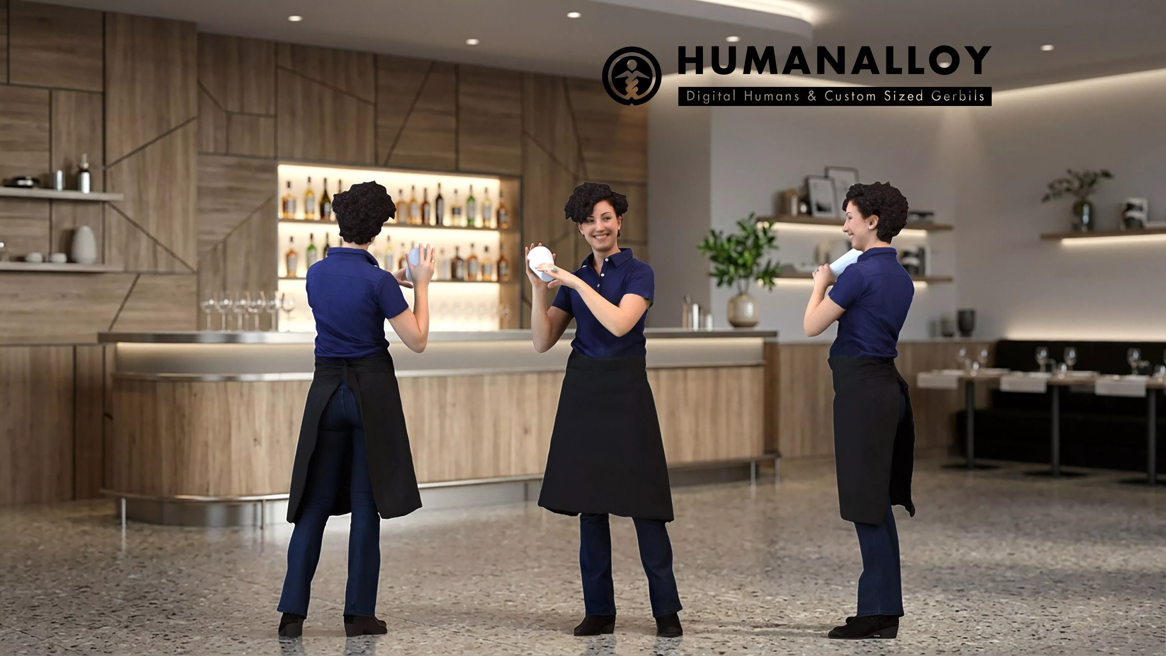 Adult Caucasian woman presenting in restaurant setting wearing 3D model