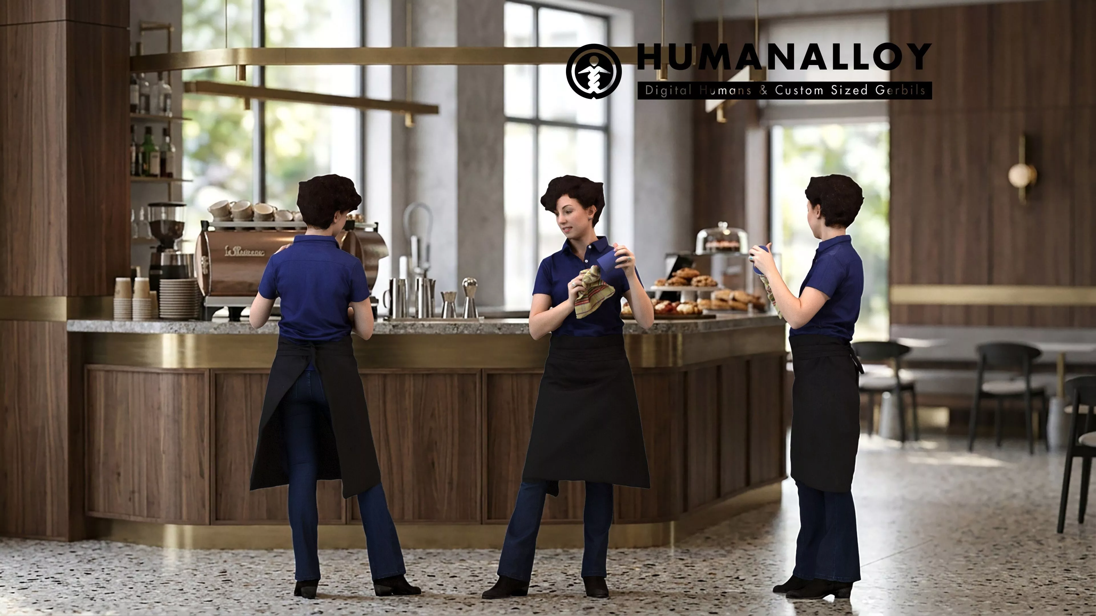 Adult Caucasian woman waiting in hospitality setting wearing 3D model