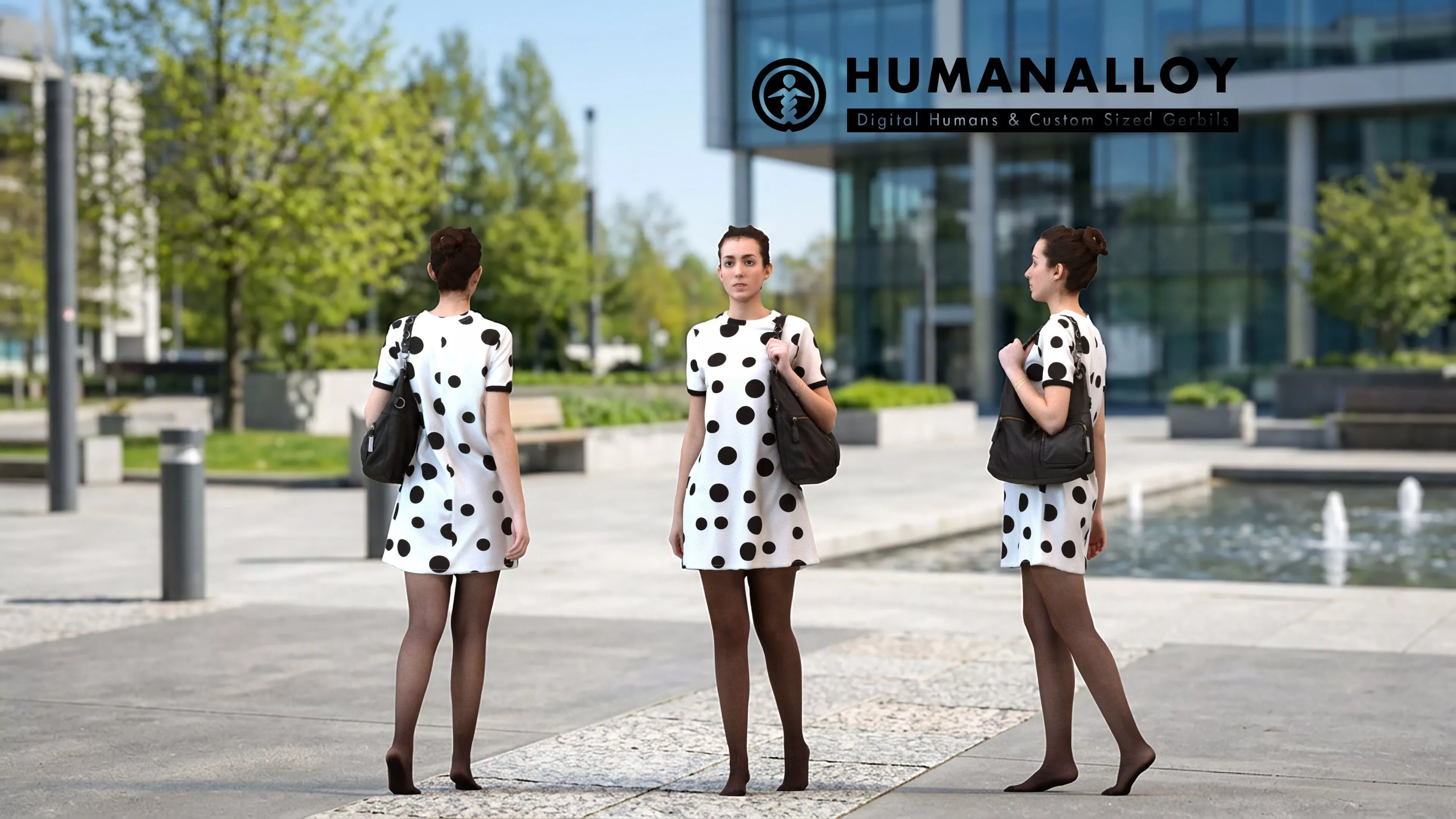 Adult Caucasian woman walking through public space in 3D model