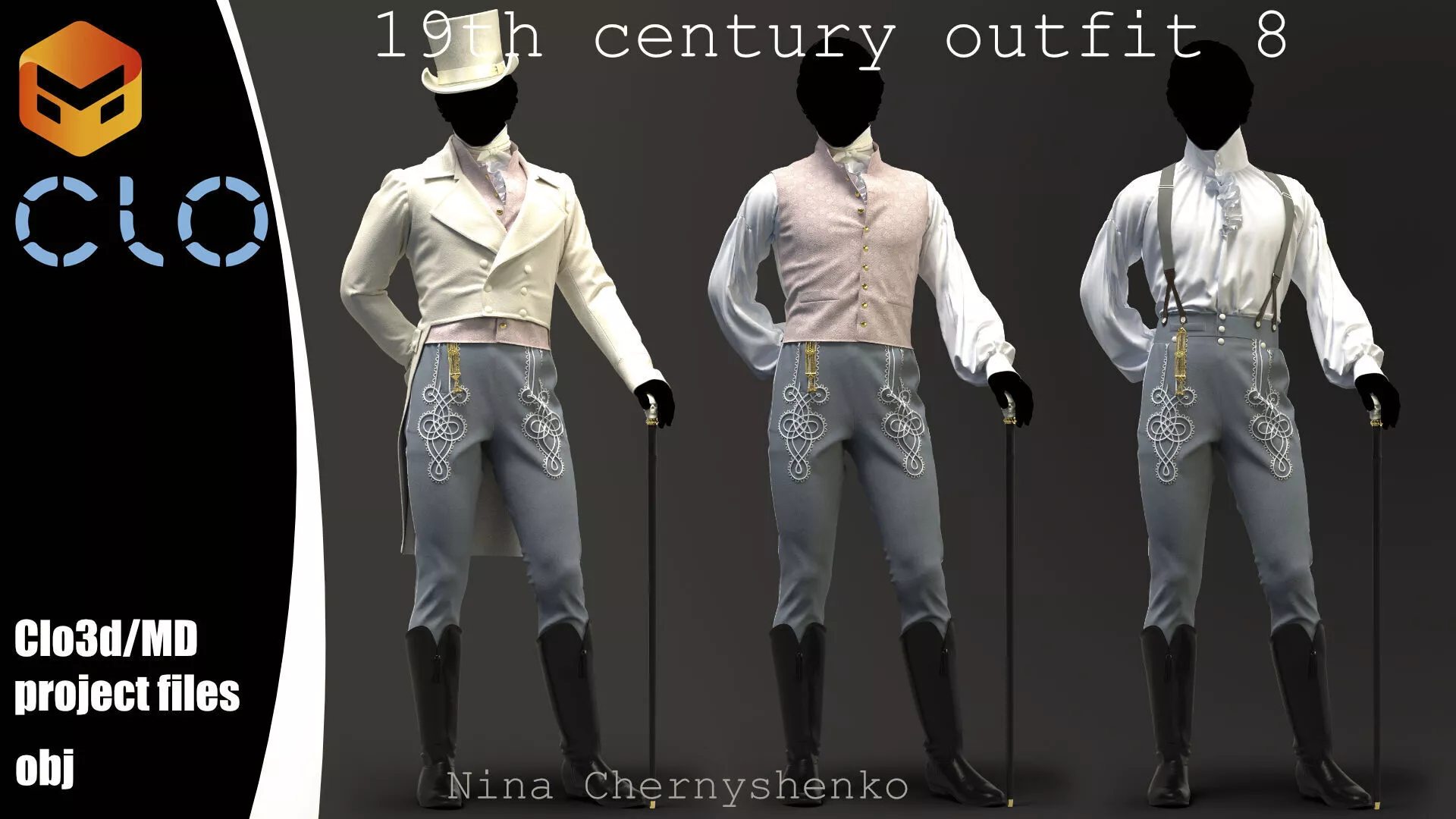 19th century outfit 8 - Marvelous Designer project and OBJ 3D model