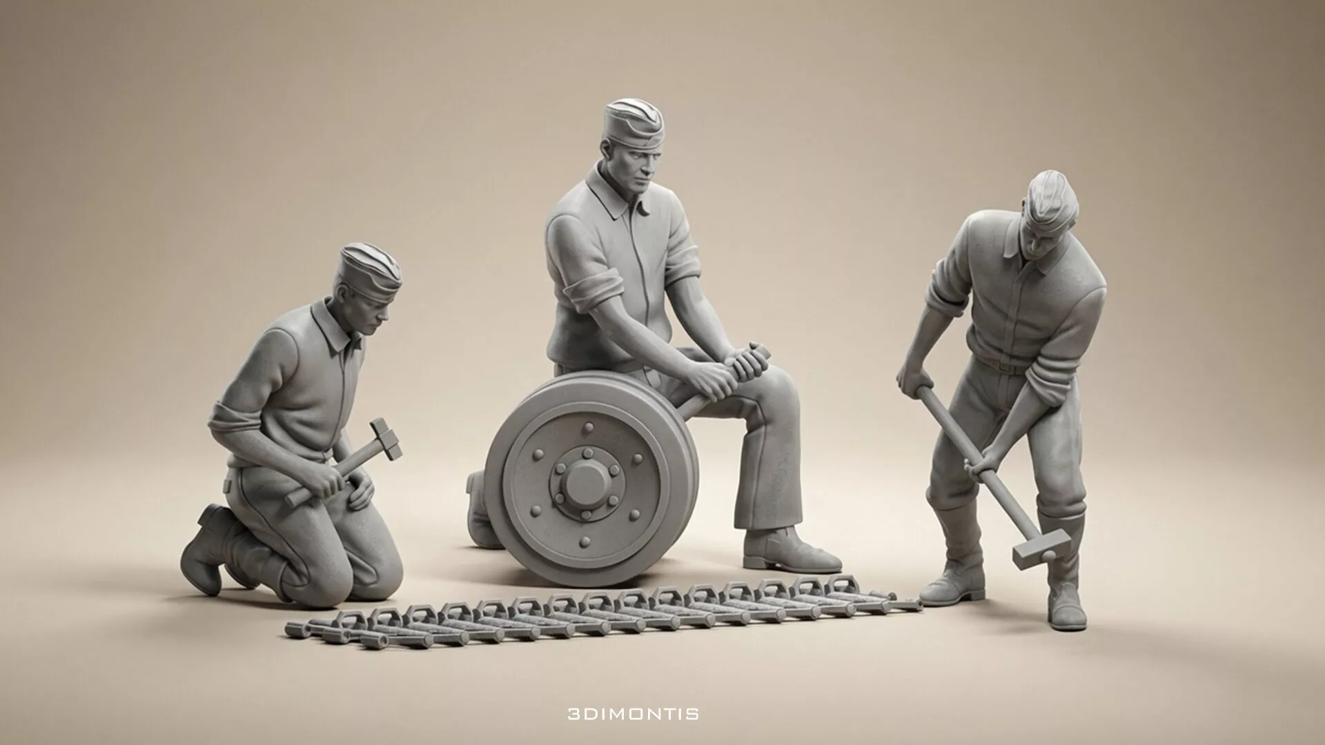 WW2 German Soldiers Mechanics Repairing Tank Panzer Crew 3D print model