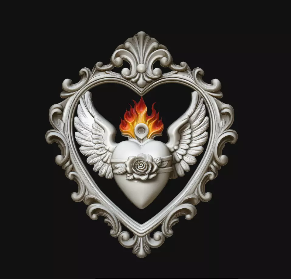 Winged Sacred Heart Flame Rose Pendant Jewelry Model 3D print model