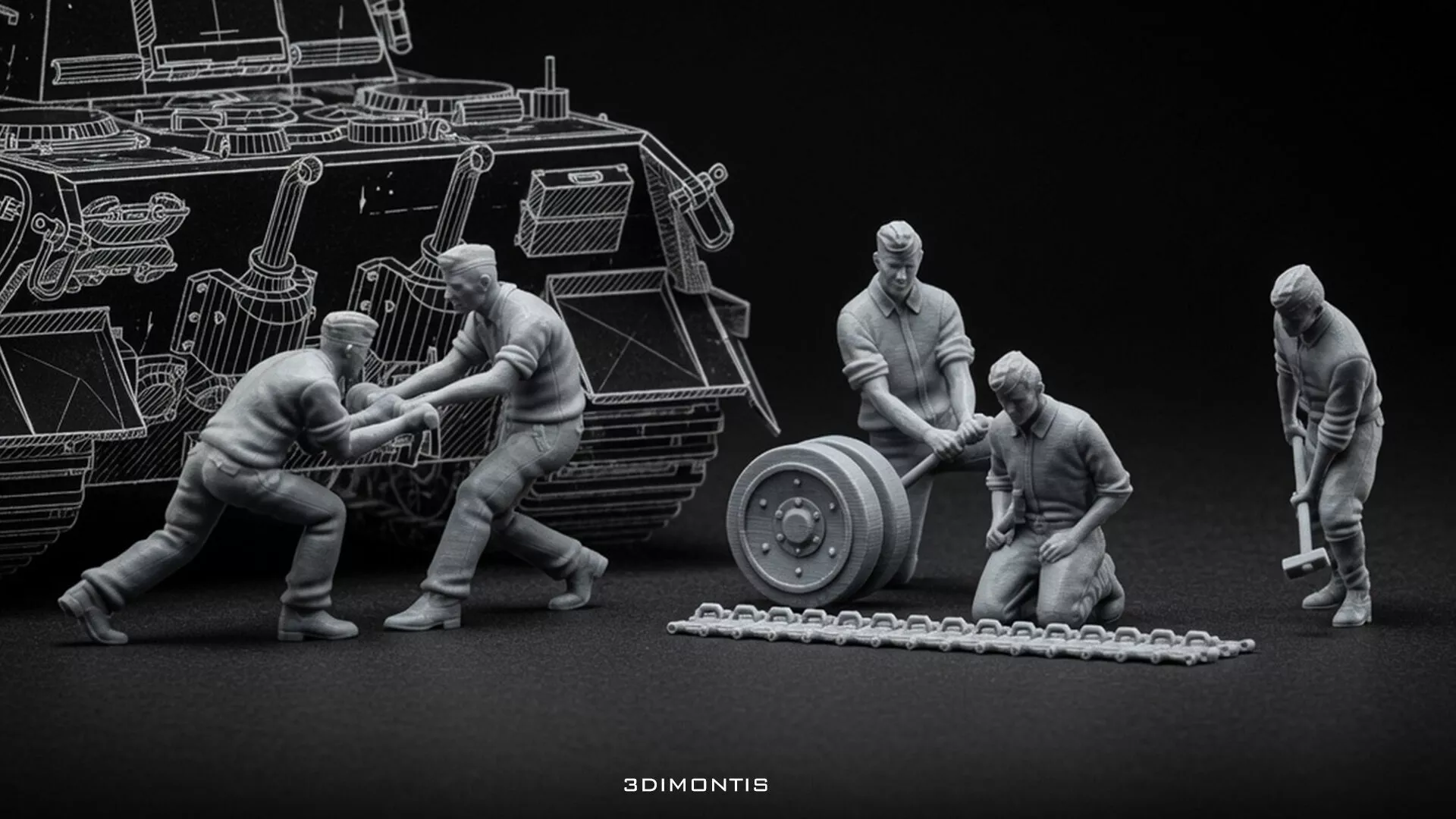 German Tank Mechanics Repairing Tank WWII German Tank Crew 3D print model