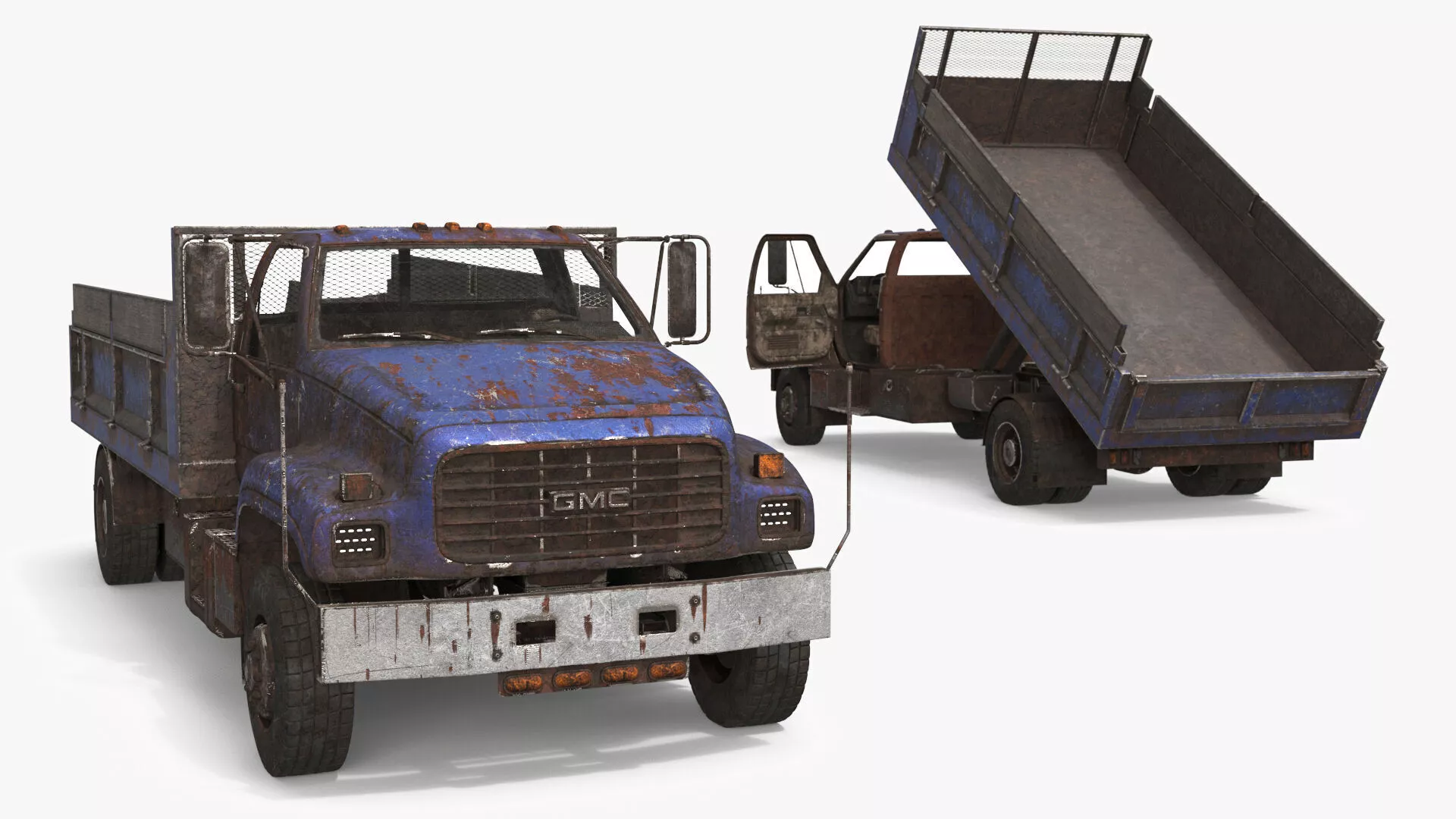 GMC TopKick Flatbed Truck with Corroded Panels Blue Old Rigged 3D model