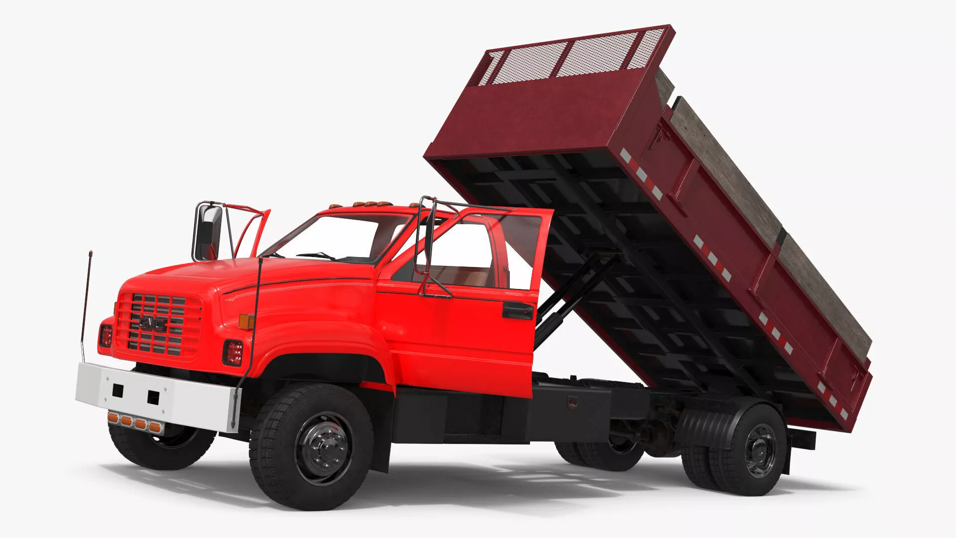 GMC TopKick Stake Bed Flatbed Truck Red Rigged 3D model