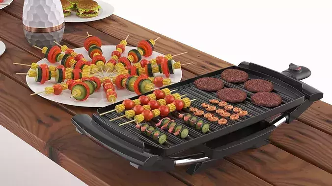 Picnic Table with Electric Grill and Food Spread 3D model 4
