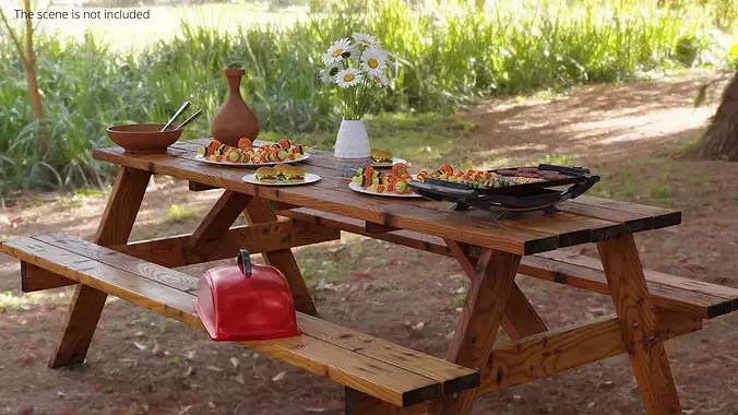 Picnic Table with Electric Grill and Food Spread 3D model 2