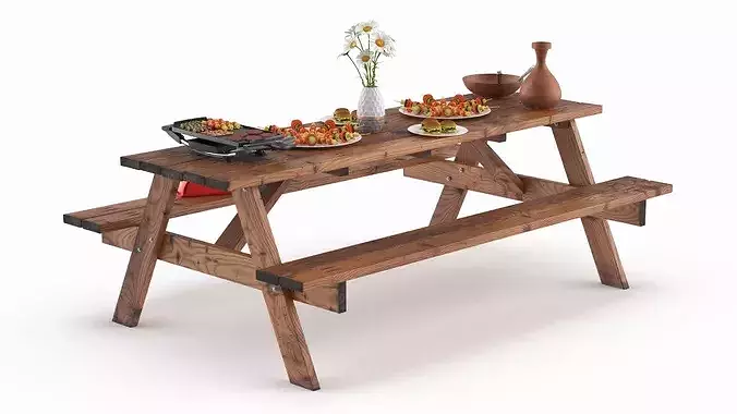 Picnic Table with Electric Grill and Food Spread 3D model