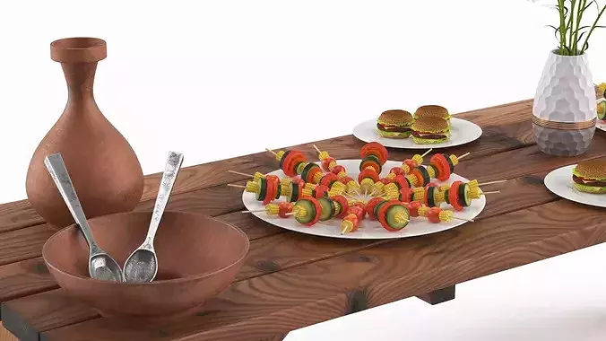 Picnic Table with Electric Grill and Food Spread 3D model 5