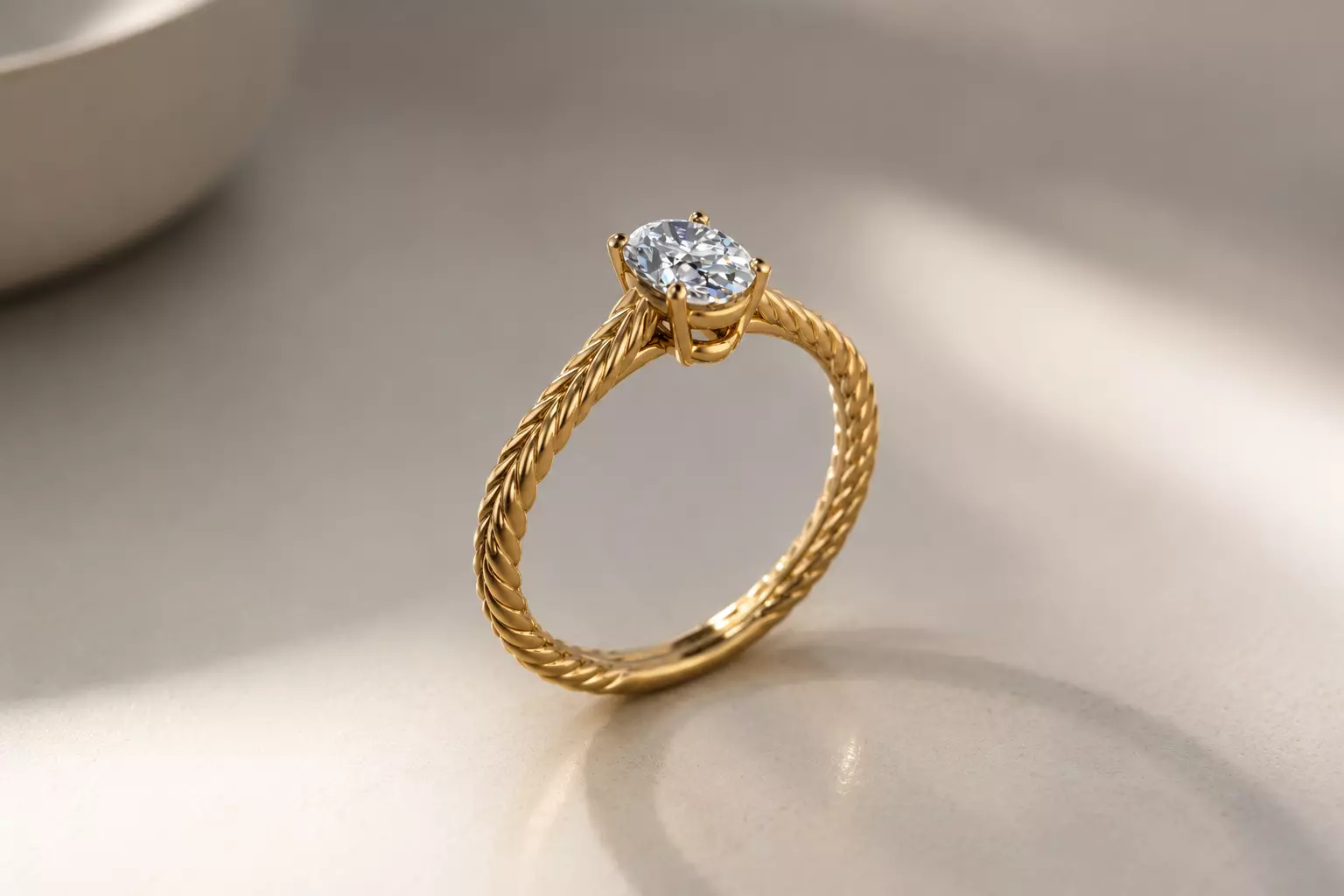 Model 1358 Solitaire Rope Ring Oval Diamond 7and half US size 3D print model
